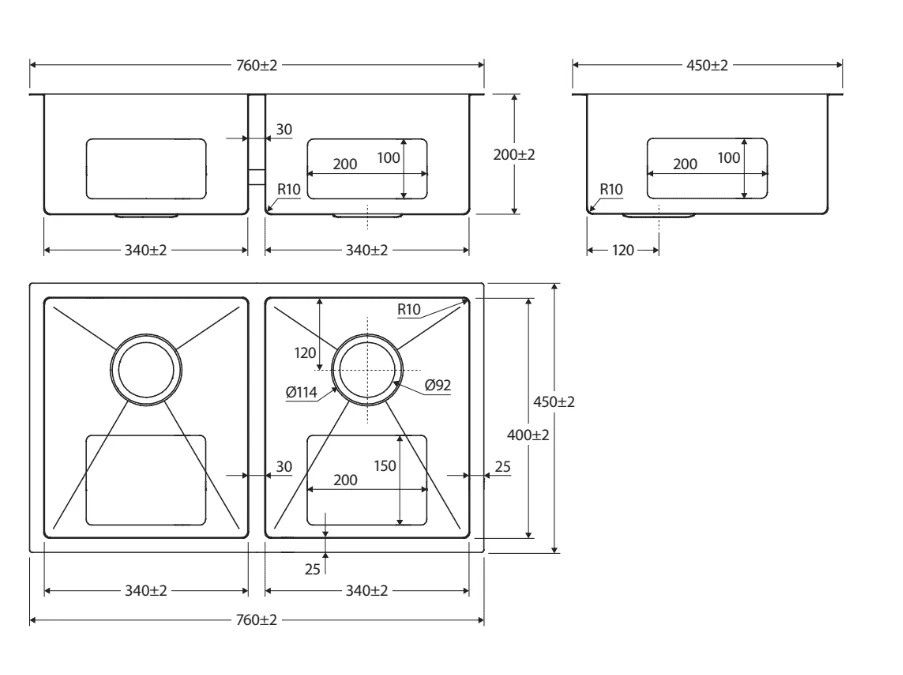 Fienza Hana Double Kitchen Sink - Stainless Steel, PVD Carbon Metal or PVD Rugged Brass Finish