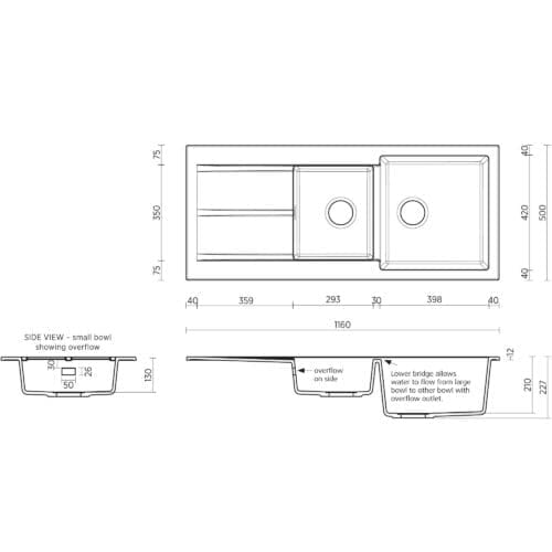 Seima Oros 1160 1 & 3/4 Bowl Arqstone Sink Black or White
