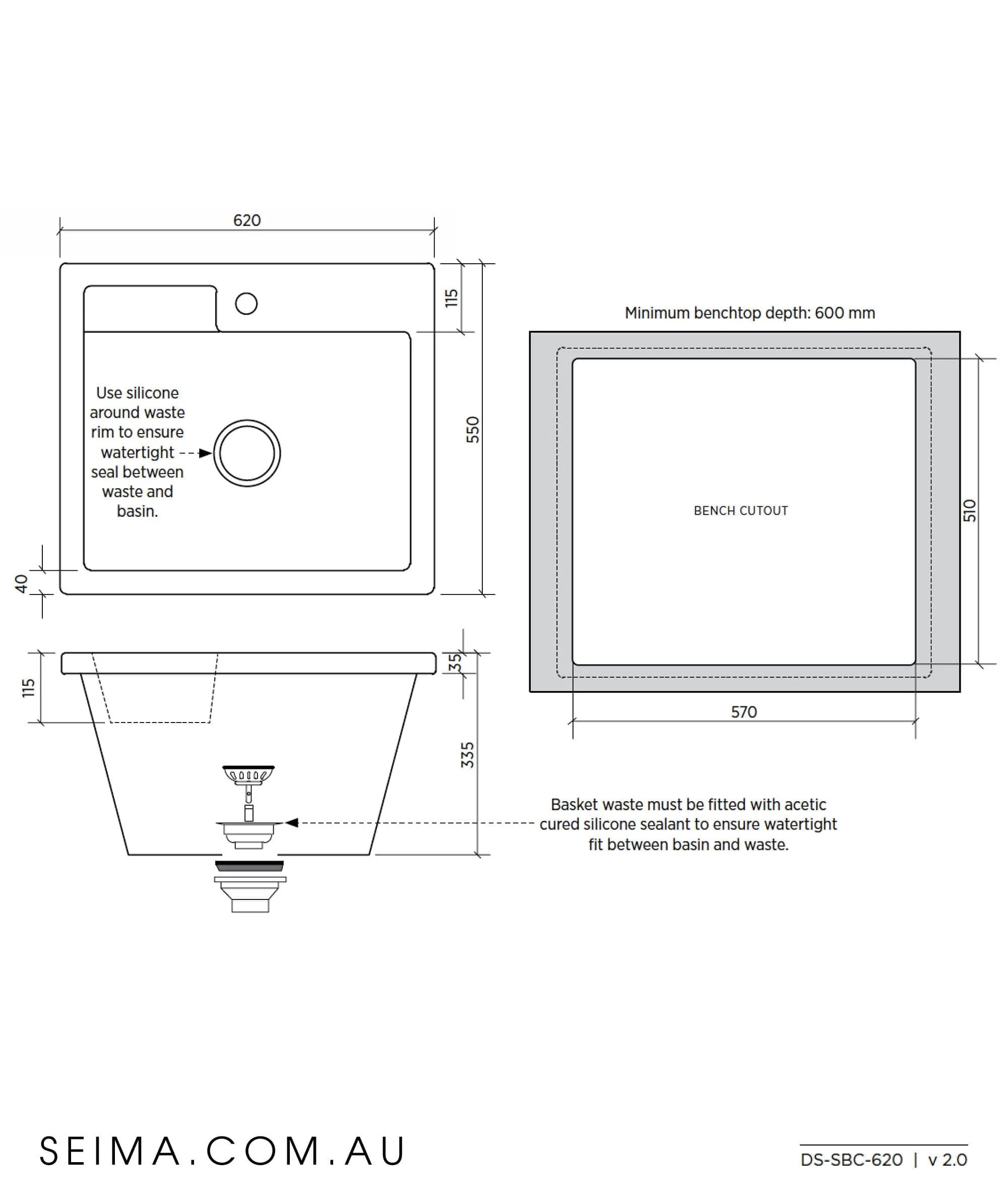 SEIMA EVA 620 CERAMIC LAUNDRY SINK 1TH N/OF