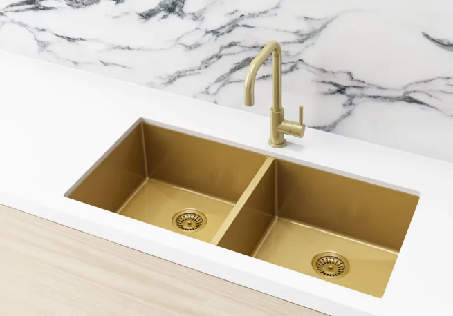 MKSP D860440 BB Stainless Double Bowl PVD Kitchen Sink By Meir in Gold