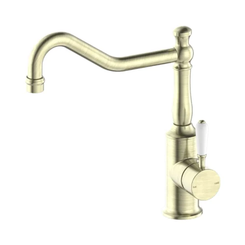Nero York kitchen mixer with white porcelain lever in aged brass
