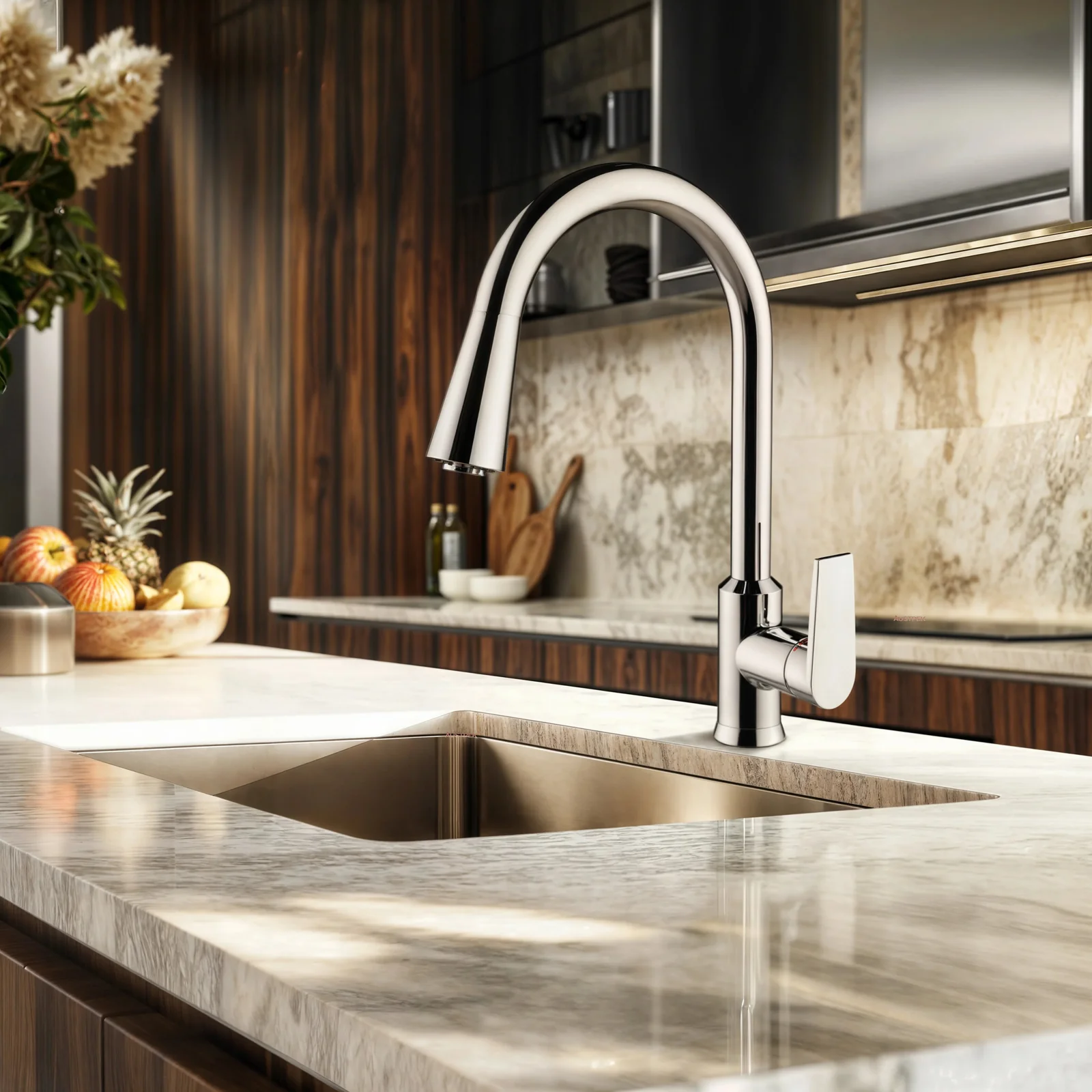 kohler taut pull out kitchen mixer in chrome installed over a stainless steel kitchen sink Kohler Taut pull-out kitchen mixer in chrome installed over a stainless steel kitchen sink