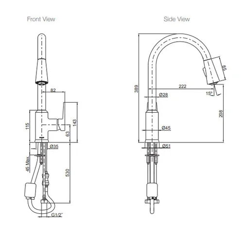 kohler taut pull out kitchen mixer – front and side dimension drawing (mm) Kohler Taut pull-out kitchen mixer – front and side dimension drawing (mm)
