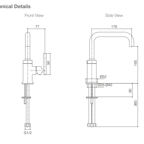 Kohler Purist kitchen mixer – front and side dimension drawing (mm)
