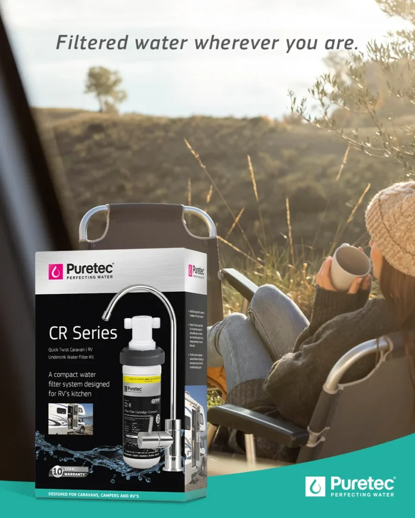Couple relaxing beside a caravan with a Puretec CR Series filter