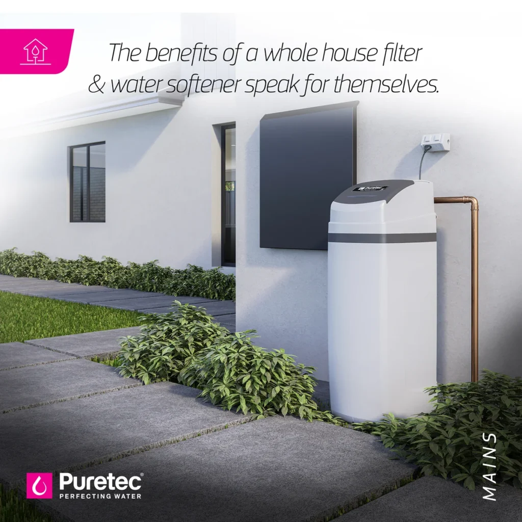 Puretec whole house filter and water softener installed outside a home
