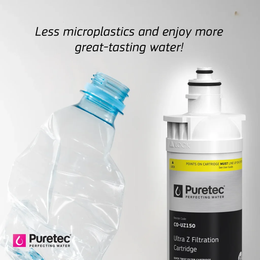 Microplastics in Drinking Water: Can a Filter Help? Puretec under-sink filter beside a crushed plastic bottle – less microplastics