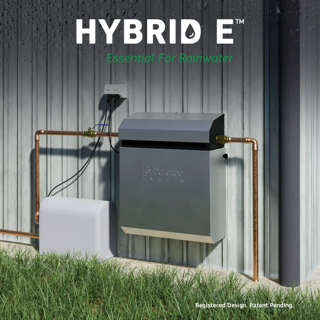 Puretec Hybrid E and I Series Kits: HR-EI6, HR-EI7, HR-EI13 Puretec Hybrid E rainwater system installed against a house