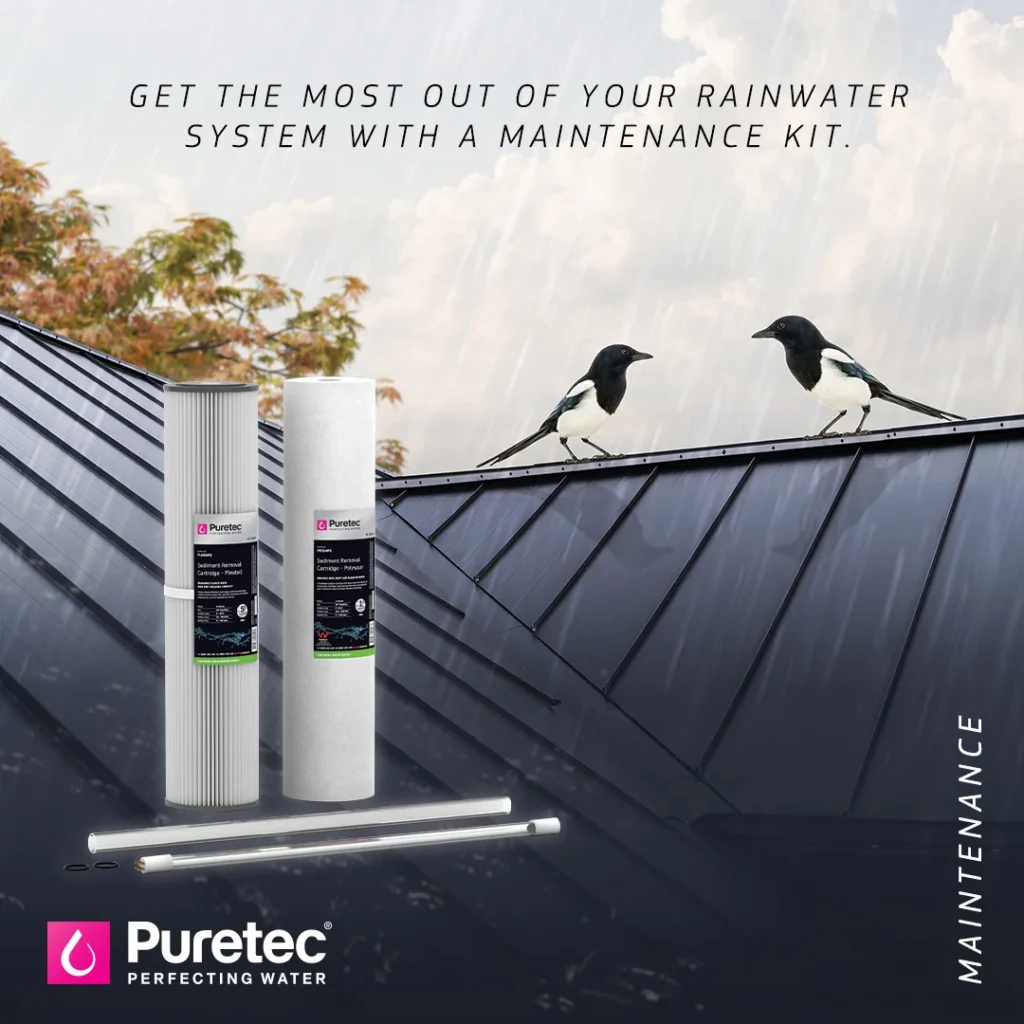 Puretec Hybrid G7 / R2 Replacement Cartridges and HR-G7R2 Kit Puretec rainwater maintenance kit cartridges on a tin roof
